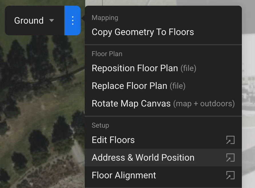 Picture of options menu with 'Address and World Position' option highlighted