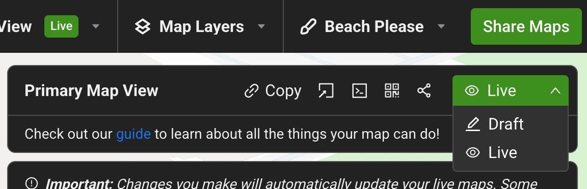 Share Maps button clicked, with status dropdown open to show the 2 modes