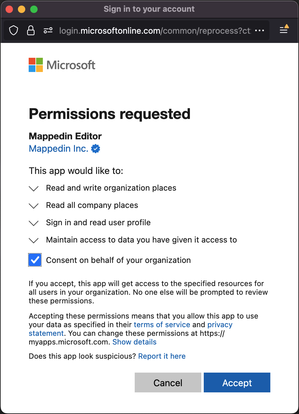 Microsoft sign in consent dialog with consent on behalf checked