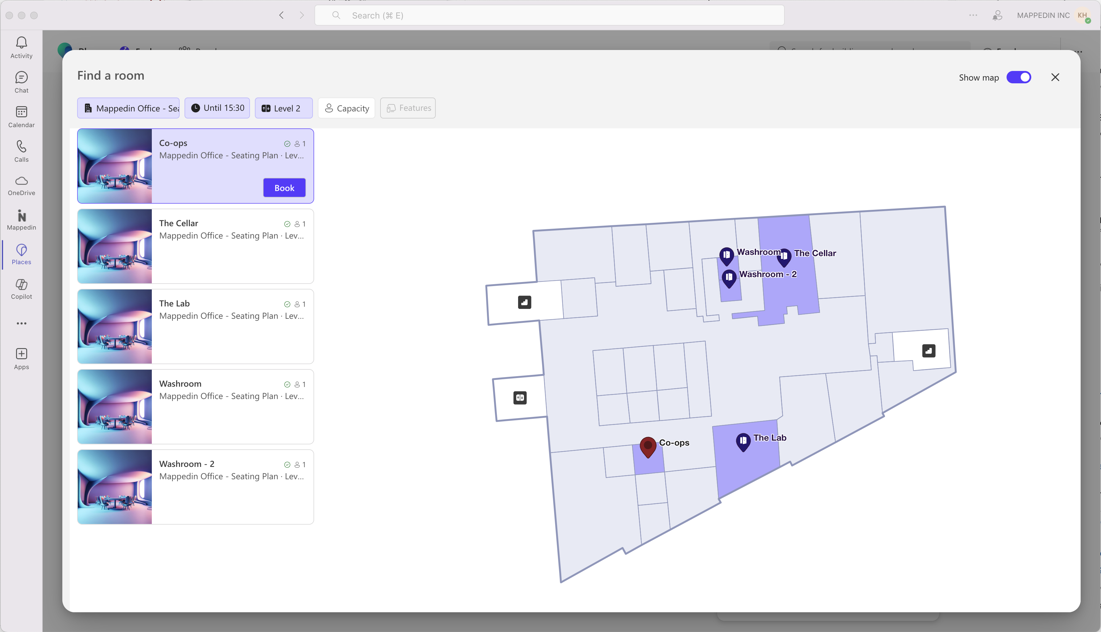 Screenshot of synced rooms within Microsoft Places