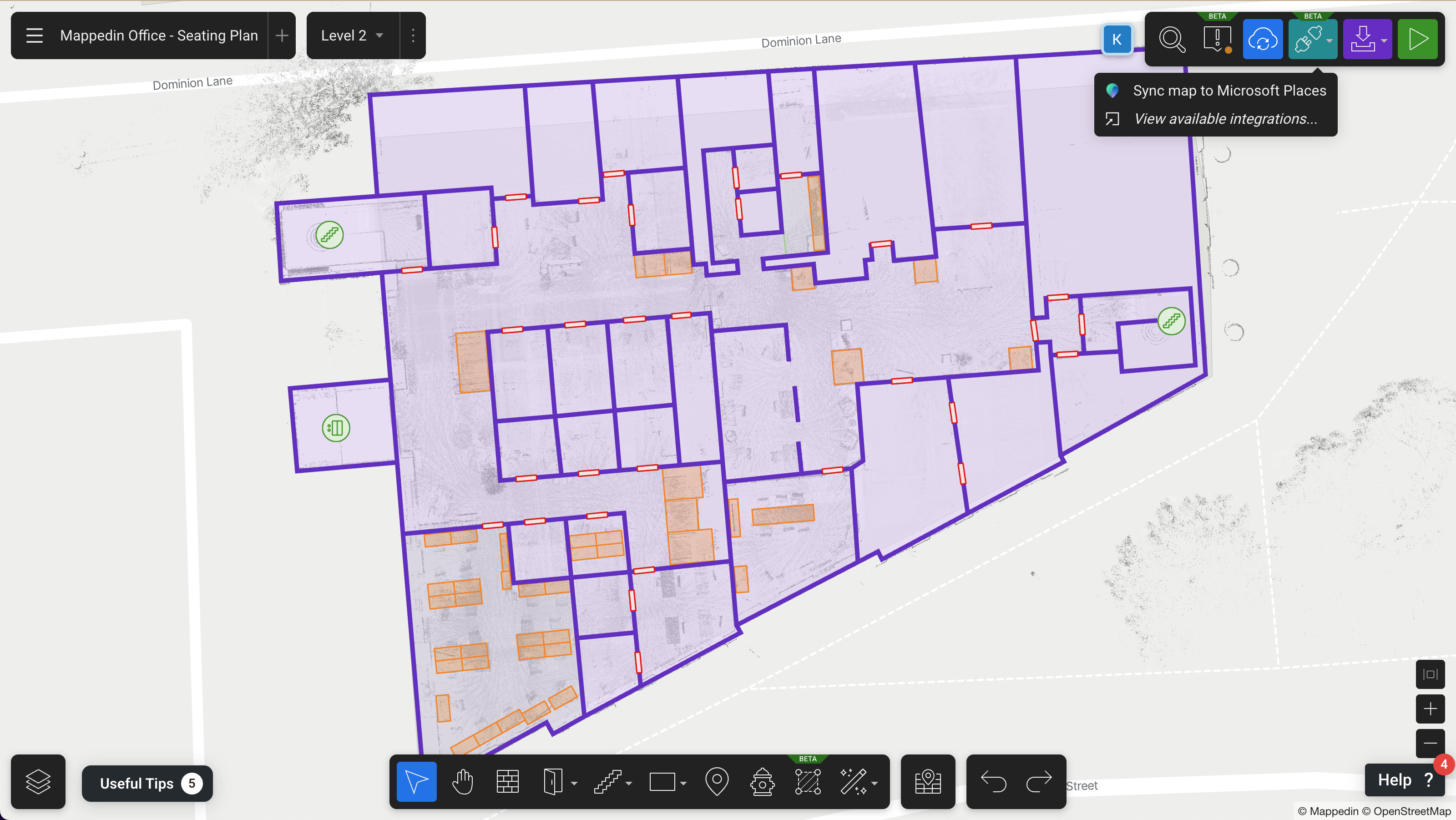 Sync map to Microsoft Places button shown in top right of screenshot of Mappedin