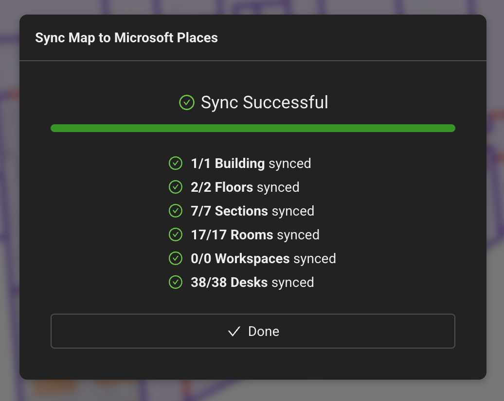 Screenshot of the success modal shown in Mappedin after syncing to Microsoft Places